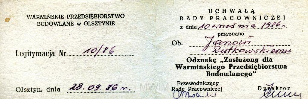 KKE 3268-2.jpg - Zasłużony dla Warmińskiego przedsiębiorstwa Budowlanego, Jan Rutkowski, Olsztyn, 1986 r.